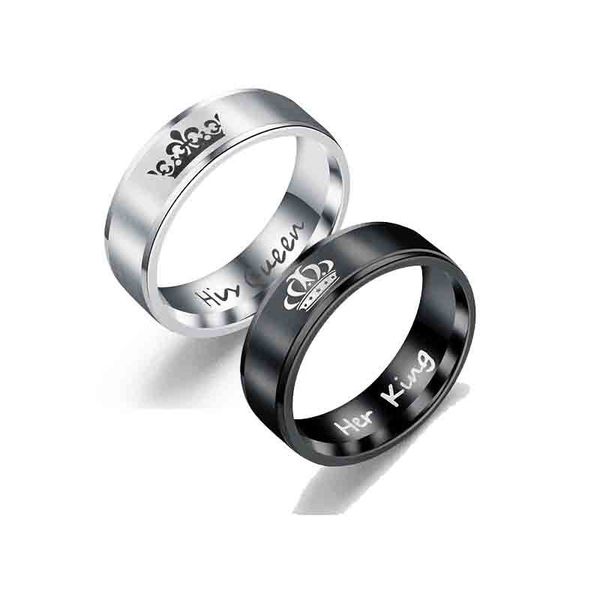 

stainless steel king queen letter crown ring for men women couple lovers rings wedding jewelry valentine's day gift, Silver