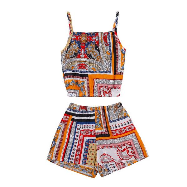 

baby & children's 2 pcs infant vintage print outfits, girls sleeveless spaghetti strap boat neck tank + shorts skirt clothing sets, White