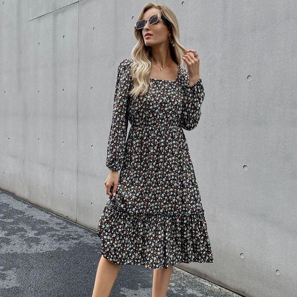 

casual dresses autumn for women loose korean floral vintage ruffles long sleeve midi dress printed office lady robe vestidos, Black;gray