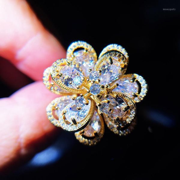 

wedding rings luxury flowers ring geometric multilayer petals inlay shiny cubic zirconia fashion jewelry for women party gift1, Slivery;golden