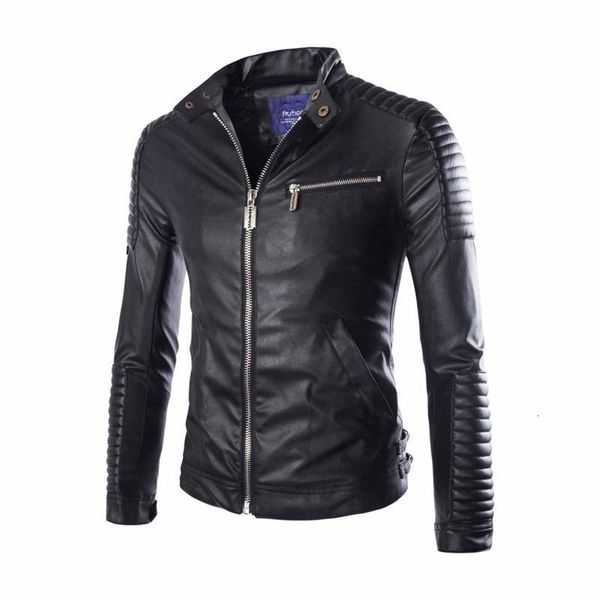 

men's jackets winter warm pleats leather jacket men splicing zipper stand collar imitation leather coat chaqueta de los hombres ooal, Black;brown