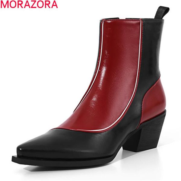 

boots morazora 2021 big size 34-42 women genuine leather thick heels pointed toe mixed colors ankle for woman, Black