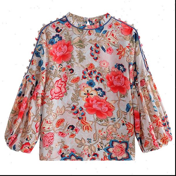 

vintage floral chinese style spring womens shirt autumn chiffon long lantern sleeve blusas mujer, White