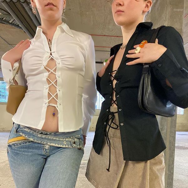 

women's t-shirt bandage long sleeve shirt white women 2022 spring summer criss cross solid hollow out tied collared crop ladies