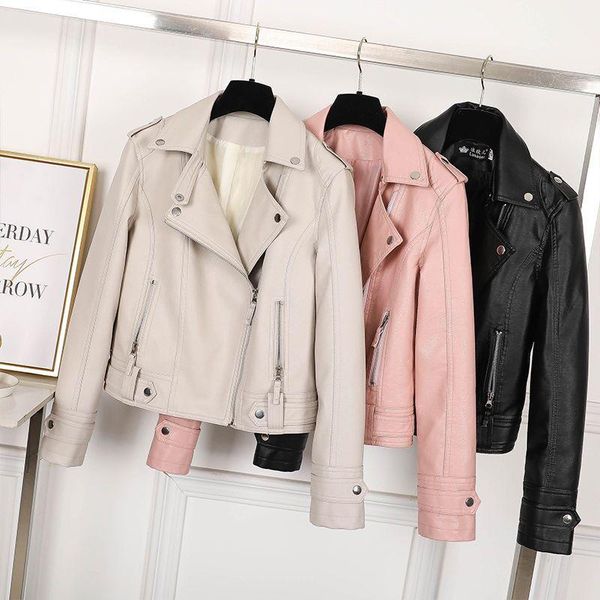 

women's leather & faux slim women jacket casual biker motorcycle female punk streetwear spring autumn coat zipper pocket top, Black
