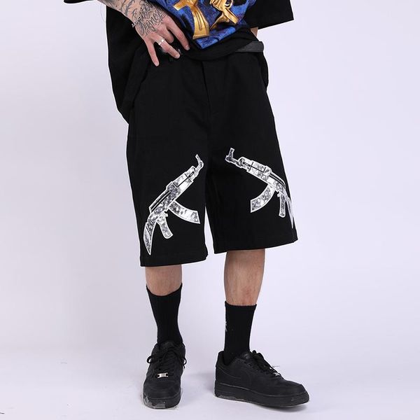 

men's shorts gun letter embroidery straight mens summer pockets retro streetwear oversize casual five point pants loose hip hop short, White;black