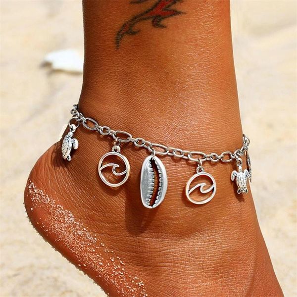 

anklets fashion silver color shell for women metal tortoise and conch pendant anklet foot chains beach jewelry, Red;blue