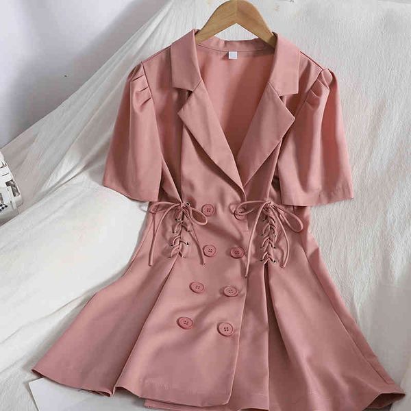 

elegant temperament lace-up gentle suit mini dress lady summer korean double-breasted slim wild bag hip dress female 210420, Black;gray