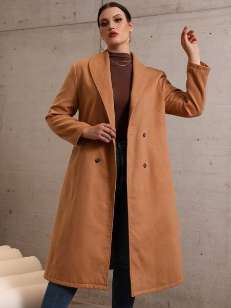 

plus shawl neck double breasted belted overcoat w2lx#, Black