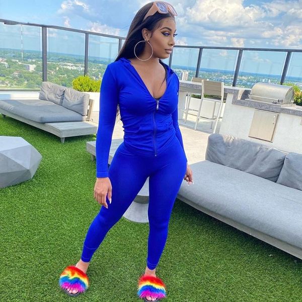 

women's two piece pants tracksuit fall set women long sleeve hooded zipper pocket sporty jackets+leggings matching sets workout casual, White