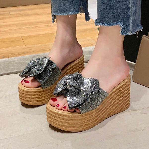

slippers women slides sequins high heels shoes summer wedges bow platform sandals open toe beach flip flops, Black