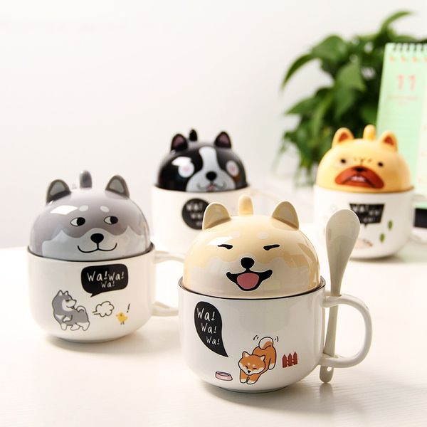 Keramik-Kaffeetassen, niedliche Cartoon-Katzen-Tasse mit Deckel, Löffel, große Kapazität, Tiere, Wasserbecher, Paar-Geschenk, Snack-Schüssel