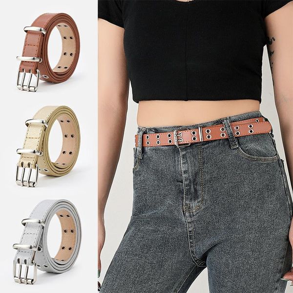 

belts az-95 punk goth women's belt two-row hole grommet pin buckle ladies waistband leisure fashion girls pant, Black;brown