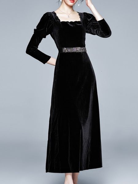 

casual dresses designer runway party long french style puff sleeve vintage black velvet dress autumn winter i840, Black;gray