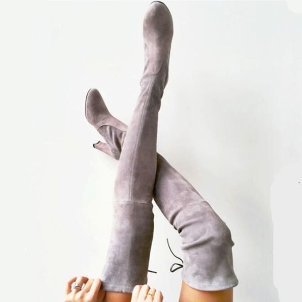 

boot autumn beige/black/grey stretch suede thigh on knee female boots high heels