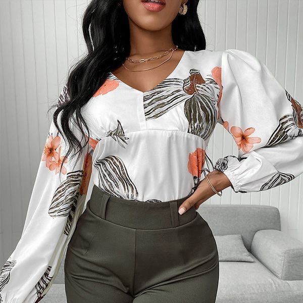 

chiffon floral print women's set puff long sleeve v-neck blouse solid shorts for office ladies summer 2 piece sets elegant 210524, White