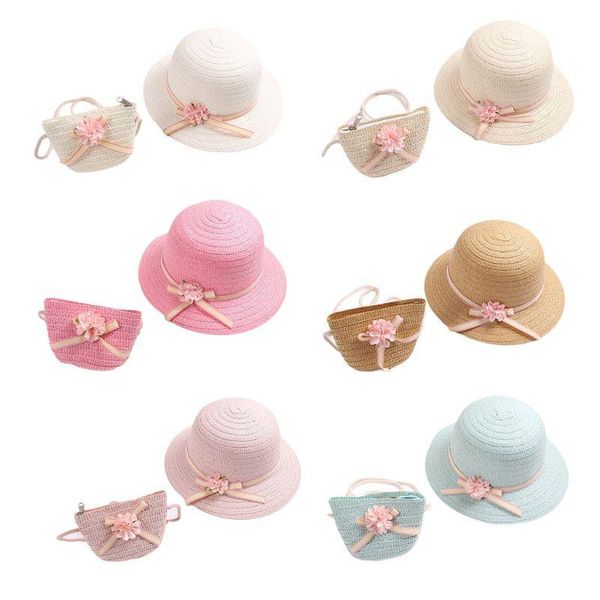 

caps & hats baby girls summer straw sun visor hat with zipper shoulder bag sweet candy color floral bowknot uv protection beach, Yellow