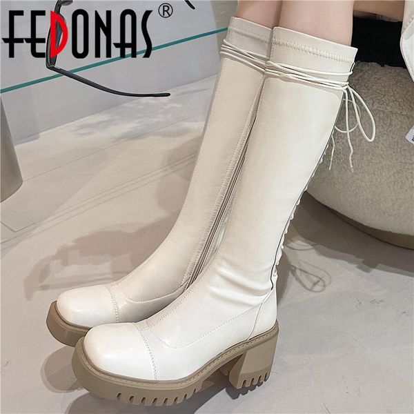 

boots fedonas 2022 autumn winter women knee high thick heels fashion casual motorcycle narrow band square toe shoes woman, Black