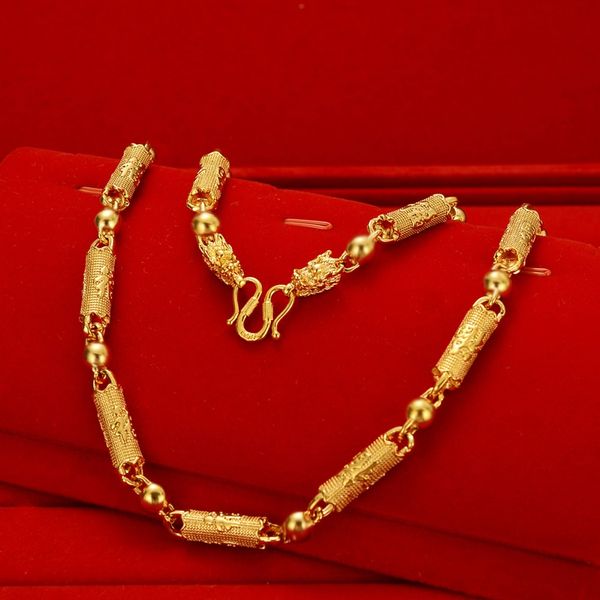 

heavy men's fu characters between cylindrical chains 24k gold plated beaded necklaces njgn050 fashion wedding gift men yellow gold plat, Silver