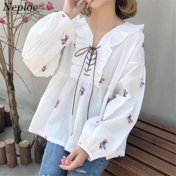 

women's blouses & shirts neploe blusas floral embroidery shirt 2021 spring long sleeve v-neck blouse woman sweet lace-up design 35196, White