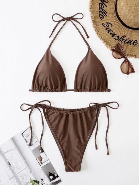 

plus halter triangle tie side bikini swimsuit 71i5#, Black