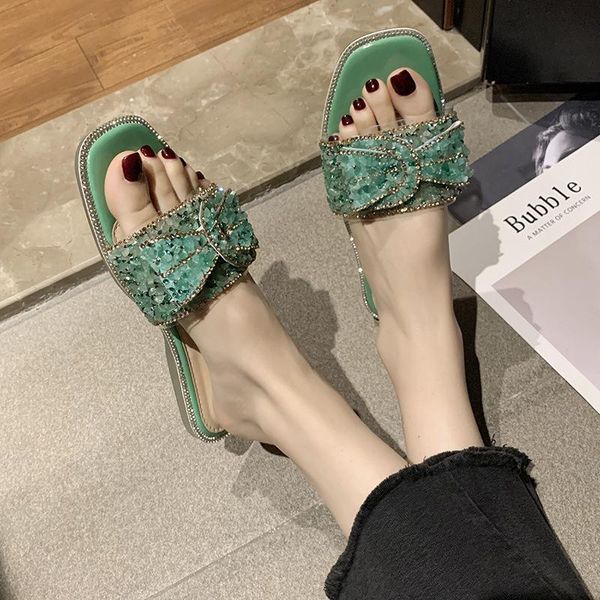 

slippers 2021 summer female korean fashion bow fairy style shiny rhinestone low heel flat sandals and, Black
