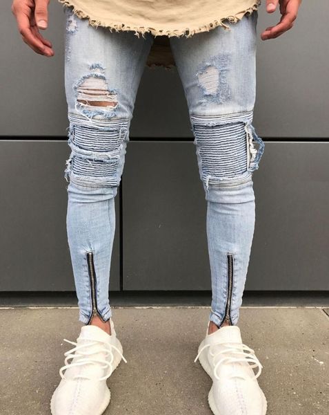 

men male ripped biker jeans white /blue knee pleated ankle zipper brand slim fit cut destroyed skinny jean pants for homme men's
