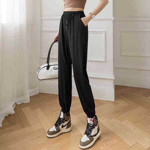 

sport pants women summer ultra-thin ice silk high waist sweatpants joggers trousers casual harem 210512, Black;white