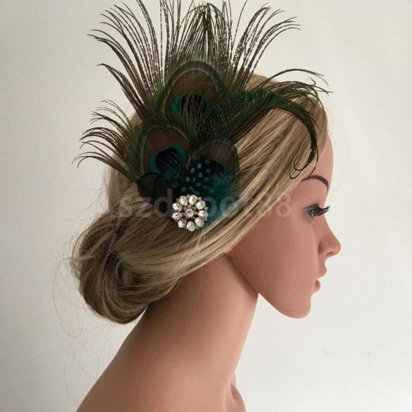 

hair accessories vintage peacock feather crystal flower clip headpiece costume