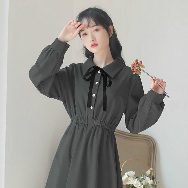 

casual dresses women long sleeve preppy patchwork turn-down collar fashion chic ulzzang student lovely elegant pleated all-match, Black;gray