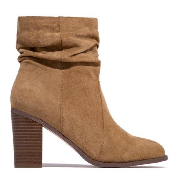 

boots autumn winter ankle for women high heels flocked leather pleated platform vintage ladies shoes botas mujer, Black