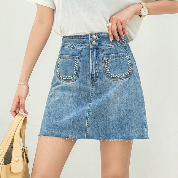 

21 summer double button high waist women's beaded denim skirt, Black