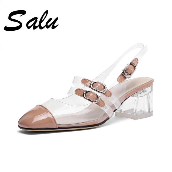 

salu 2021 genuine leather sandals women slipper transparent pvc summer shoes square heels outside fashion woman casual, Black