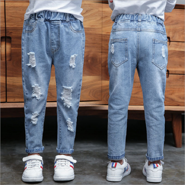 

spring new kids jeans cotton embroidered elasticity ripped jeans for girls autumn long denim pants skinny jeans baby girls 4-14y, Blue