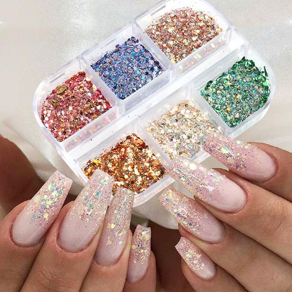

nail glitter mix color holographic sequins hexagon ultrathin reflective for face polish flake decoration manicure le1909-07, Silver;gold