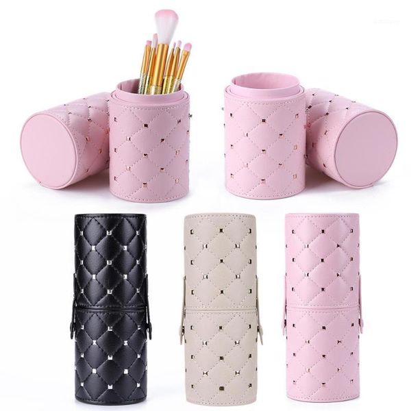 

leather rhombus rivet makeup storage holder cup w/buckle for brush1
