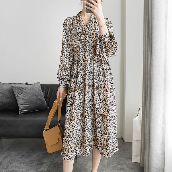 

casual dresses 2021 spring vintage cherry print woman lantern sleeve loose women shirt vestidos elegant flowy maxi qfhs, Black;gray