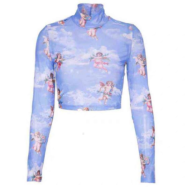 

women's sweaters little angel printed mh bottomed shirt t-shirt with short sleev folded inside and slightly transparent short navel exp, White;black