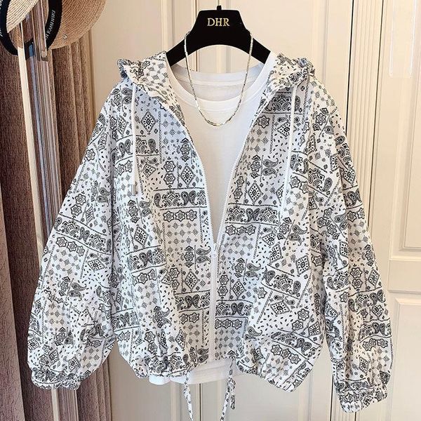 

women's jackets design sense niche korean style loose black and white retro printed hooded shirt cardigan sun protection coat women &#0, Black;brown