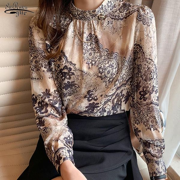 

elegant floral blouse women casual plus size stand collar female shirts long sleeve printing ladies clothing blusas 13089 women's blous, White