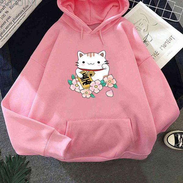 

anime hoodies fortune cat printing sweatshirt women streetwear graphic aesthetic kawaii clothes oversized cartoon pullovers y0820, Black