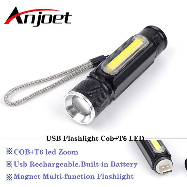 

powerful with magnet cob+xm-l t6 led torch usb rechargeable inside battery waterproof flash light lamp+clip+charger flashlights t torches