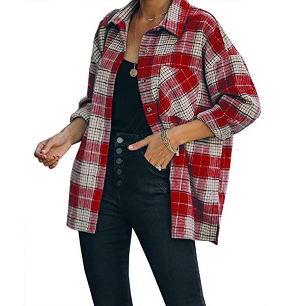 

women's jackets autumn and winter women outwear long lantern sleeve casual coat lapel blouse with pocket check print button up cardigan, Black;brown