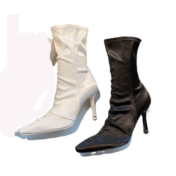 

boots king letter embroidered socks fine heeled mid-barrel small square head high short women's single, Black