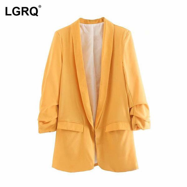 

women's suits & blazers [lgrq] women solid yellow double pocket blazer shawl collar long sleeve loose jacket fashion tide spring autumn, White;black