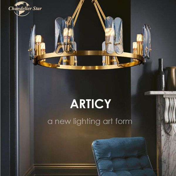 

chandeliers nordic led lighting postmodern copper blue crystal round pendant hanging lamps bedroom living room lights lustre