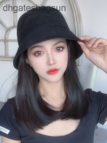 

brand cap and carveswig cap children's korean version tide spring autumn net red bucket fisherman's hat medium long hair buckle fa, Blue;gray