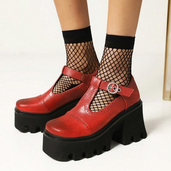 

dress shoes black red brown women pumps fashion buckle t-strap high heels platform round toe square heel spring summer