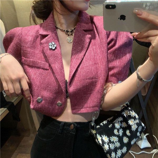 

women's jackets purple red short jacket women 2021 spring korean punk short-sleeved coat ol casual solid color elegant simple suit, Black;brown