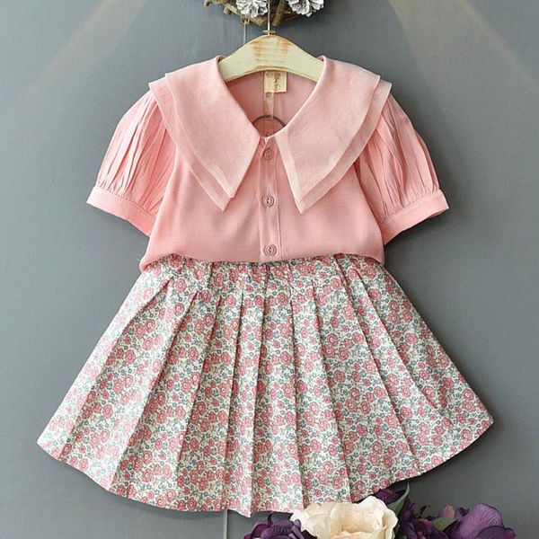 

clothing sets arrival girls summer outfits pink shirt + floral pleated skirt two piece set children clothes birthday kids suit, White